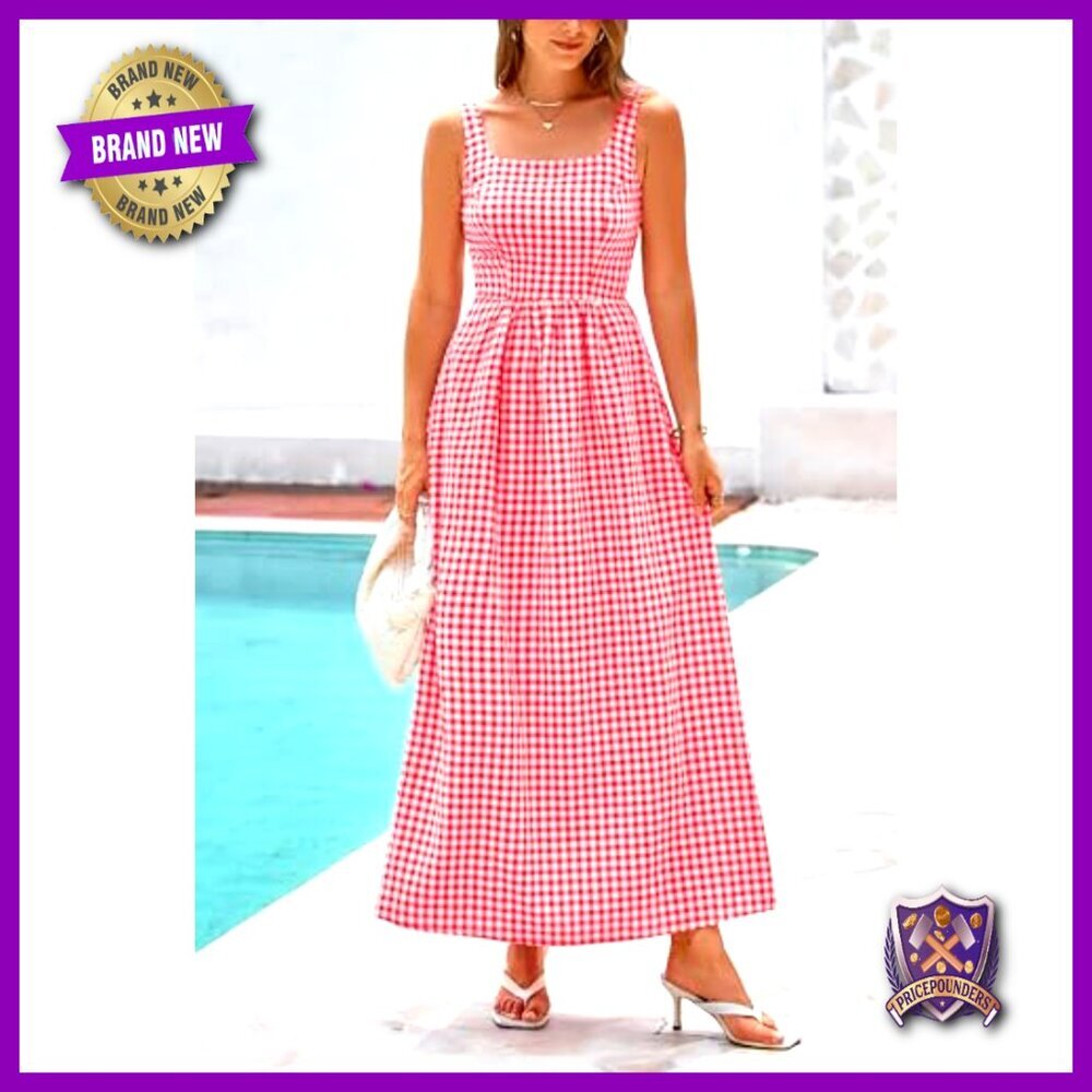 Plaid Square Neck Maxi Dress Spaghetti Strap Smocked Back A-Line Casual - Picture 5 of 7